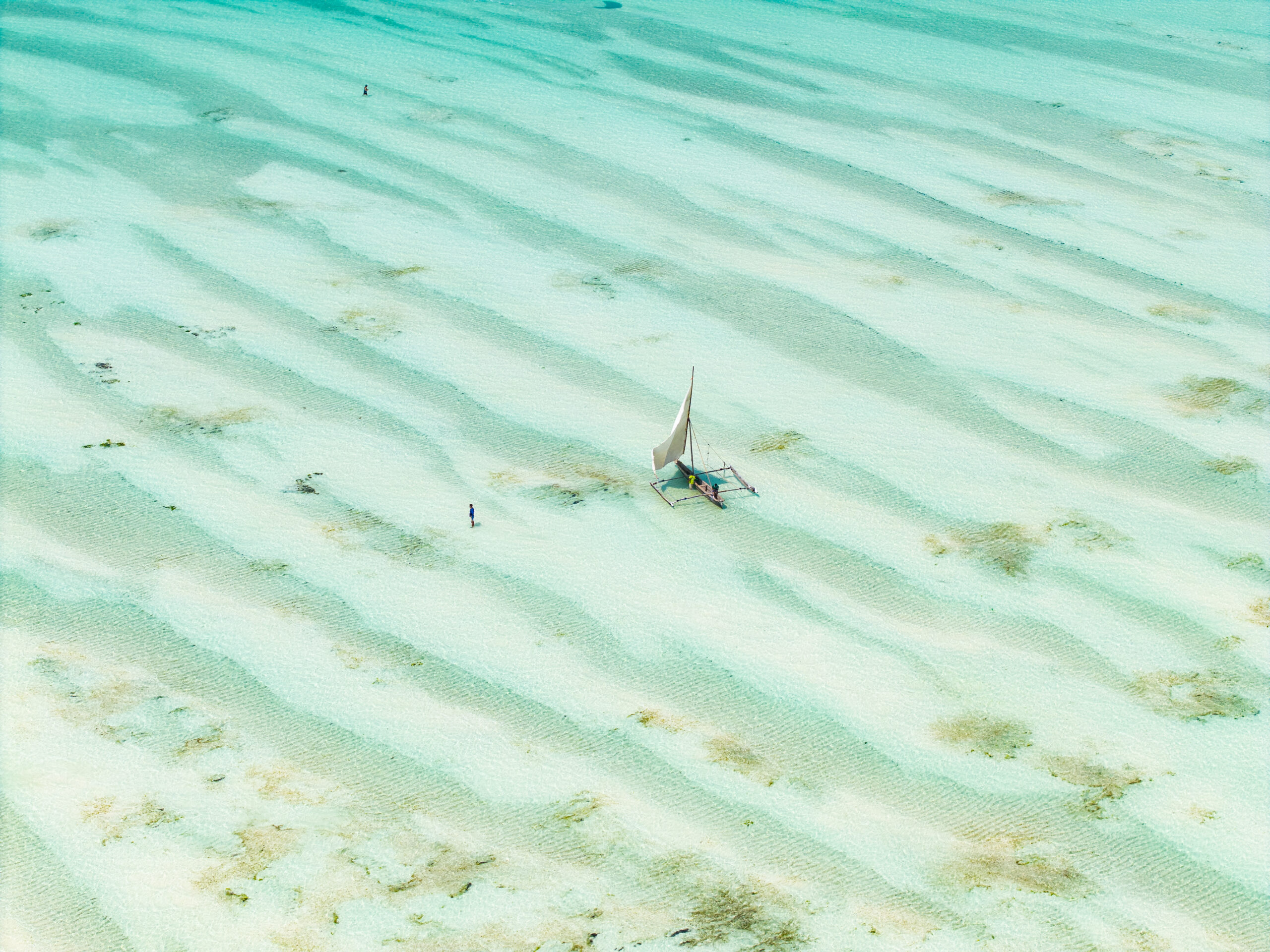 Jambiani tides at low tide: shallow lagoon with sand ripples, seagrass and a traditional ngalawa sailing boat, Zanzibar